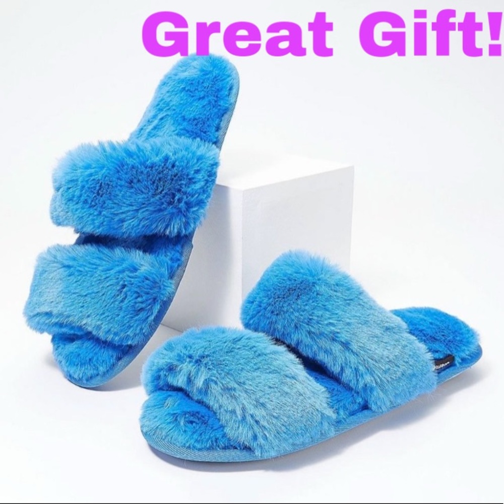 NWT Muk Luks Blue Double-Strap Plush Slippers - sz 8